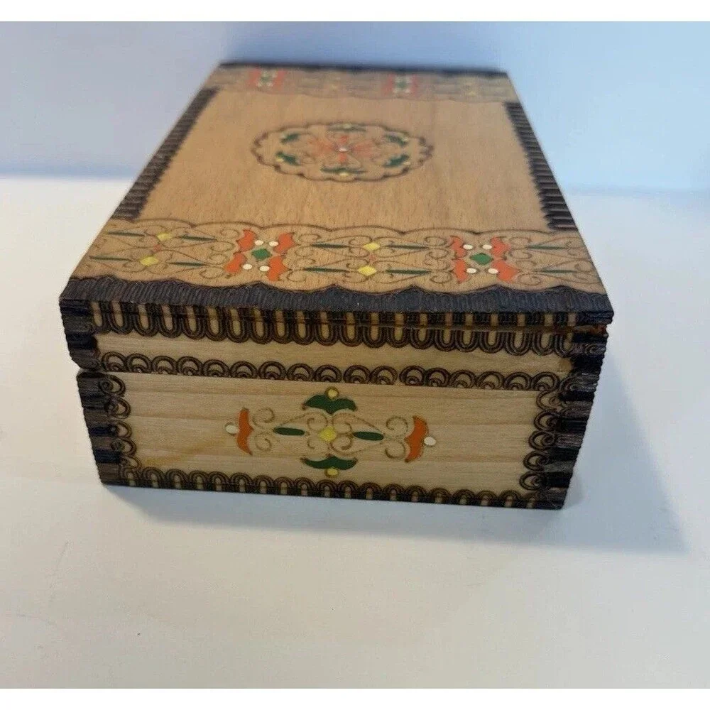 Vtg Painted Pyrography Hinged Wooden Jewelry Trinket Box Folk Art 9.5